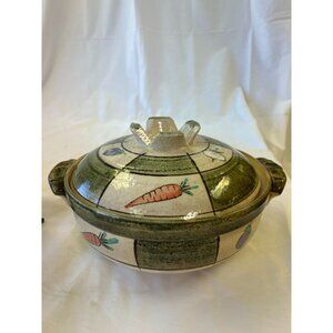 Vintage Hand Painted Ceramic Casserole Dish With Lid Vegetable Design Green And